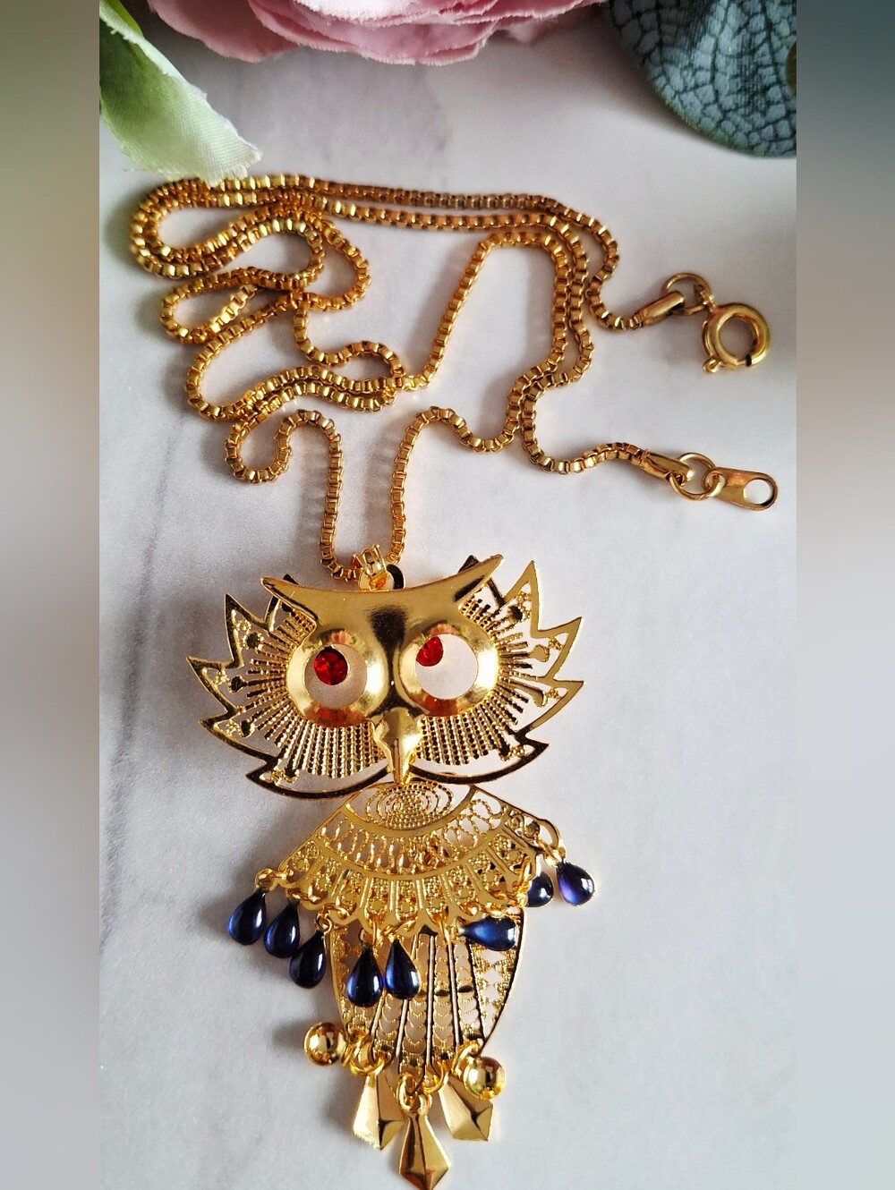Vintage 80s 🦉💙Whimsical Jewelled Owl Pendant/Brooch Necklace